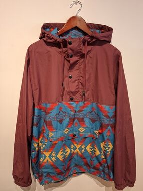 Men's Hooded Aztec Pullover Windbreaker in Maroon and Teal